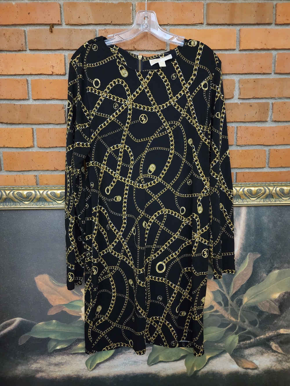 Michael Kors Black Midi Dress with Gold Chain Motif Large